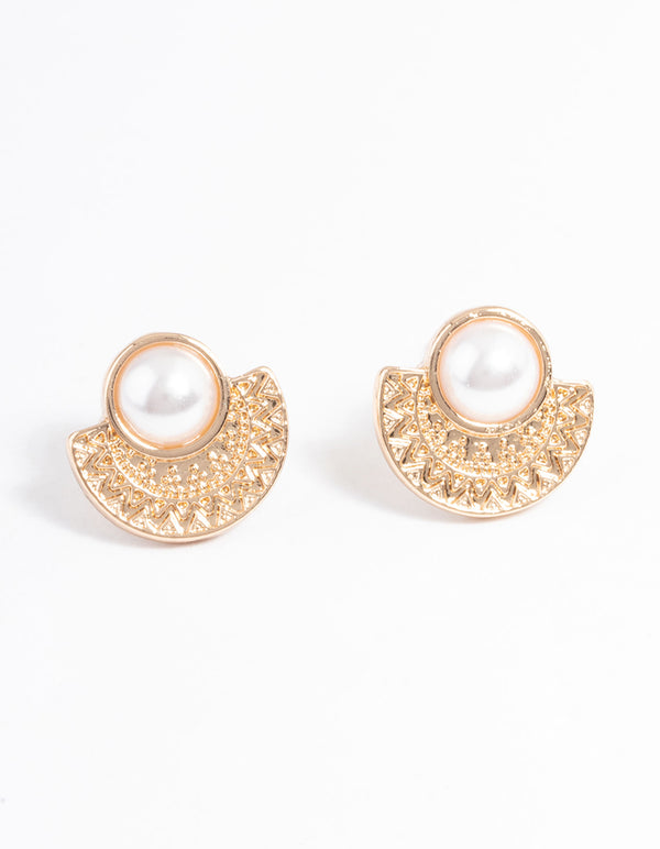 Gold Pearl Etched Stud Earrings