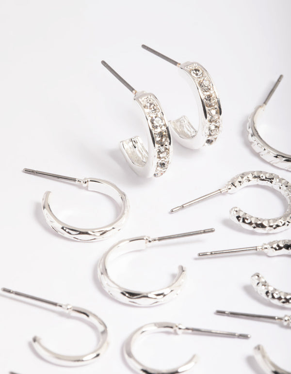 Silver Mixed Diamante Hoop Earrings 8-Pack
