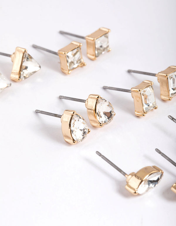 Gold Mixed Cut Diamante Stud Earrings 6-Pack