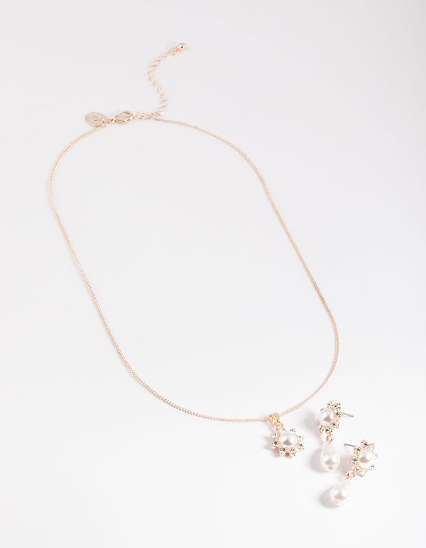 Rose Gold Pearl Flower Necklace & Drop Earrings