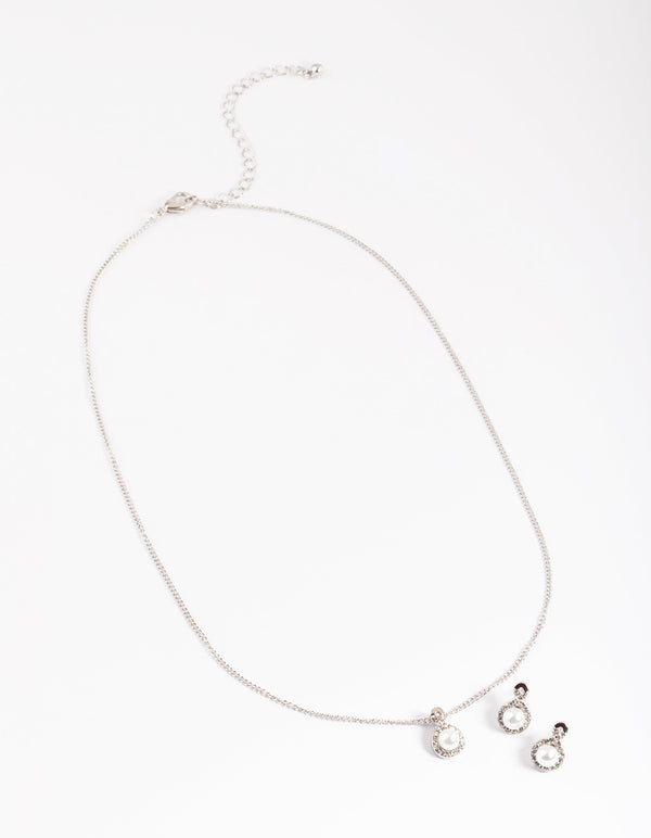 Silver Diamante Pearl Swirl Necklace & Stud Earrings