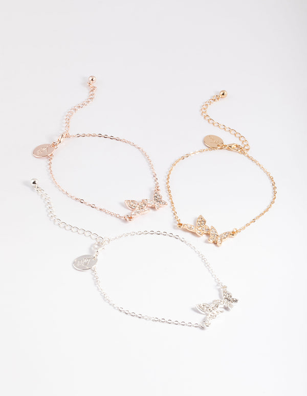 Mixed Metal Pave Butterfly Bracelet Pack