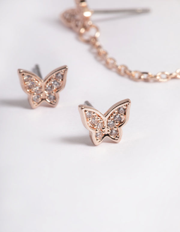 Rose Gold Plated Brass Butterfly Chain 5-Pack Earrings