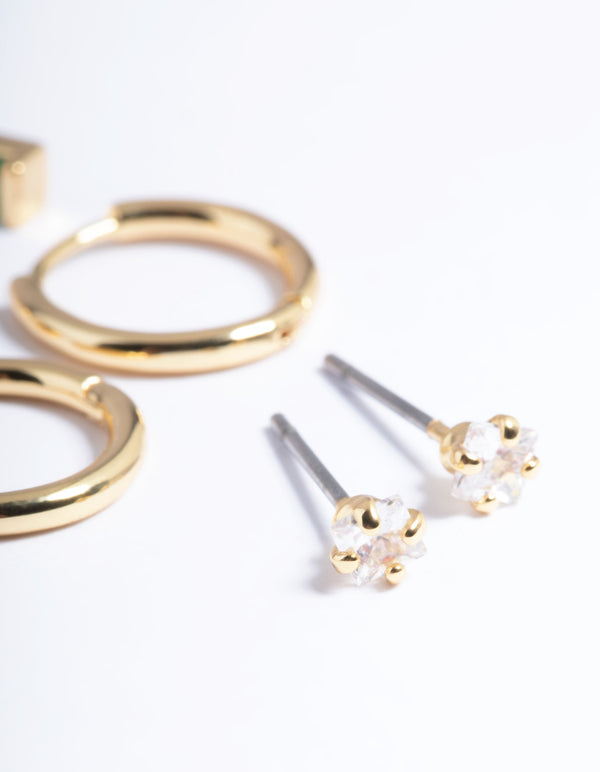 Gold Plated Brass Emerald Huggie Earrings 6-Pack