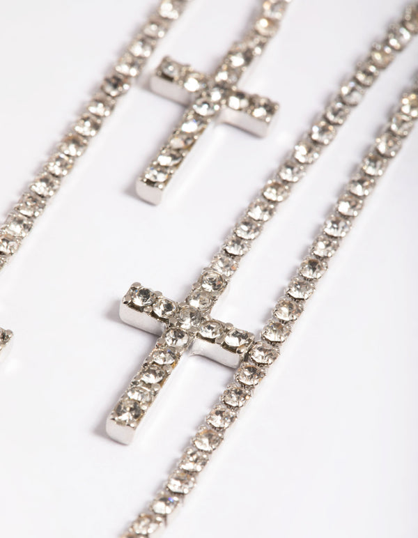 Silver Double Cross Stone Drop Earrings