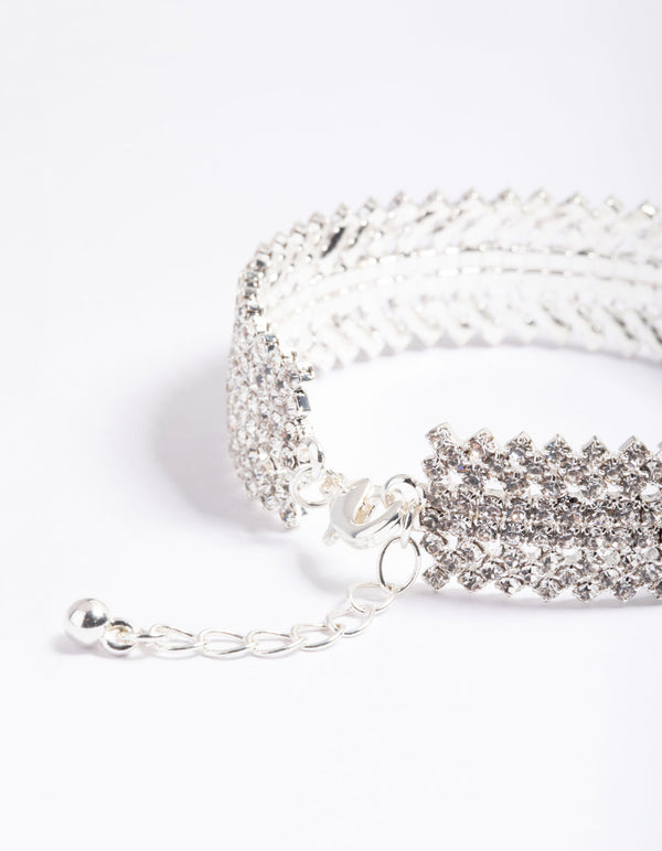 Silver 9 Row Twist Diamante Wrist Cuff
