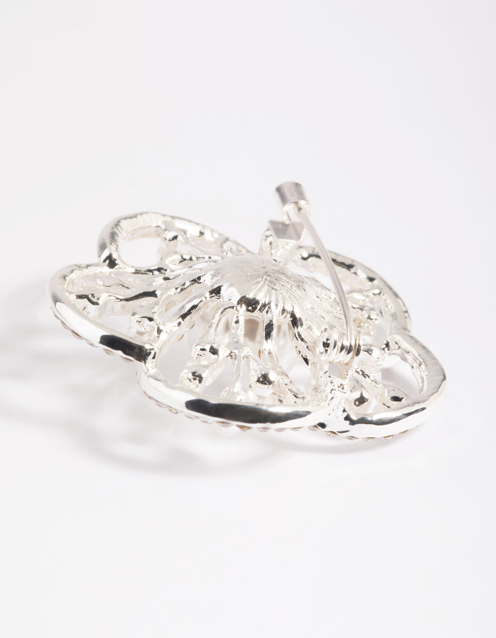 Silver Diamante Pearl Flower Brooch