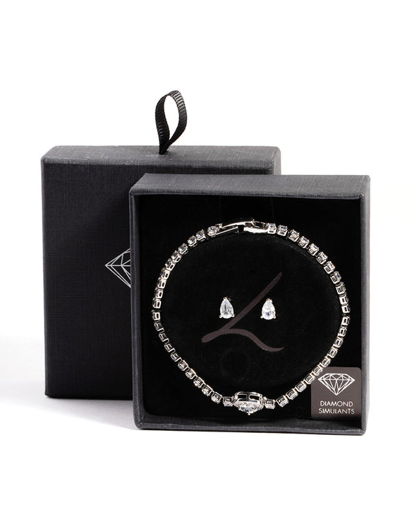 Silver Diamond Simulant Oval Stone & Bracelet Set