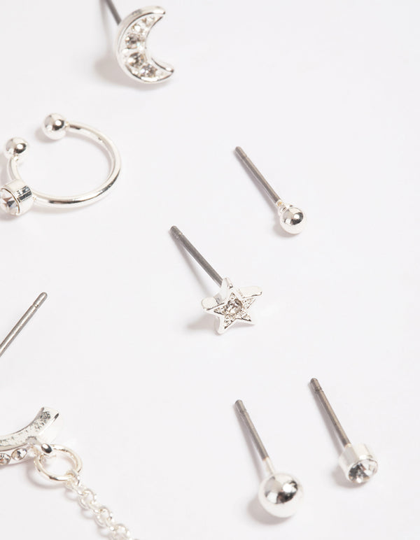 Silver Celestial Chain Stack Earrings