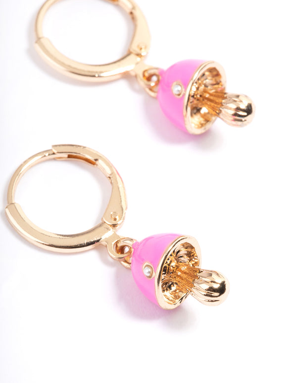 Gold Neon Pink Mushroom Huggie Earrings