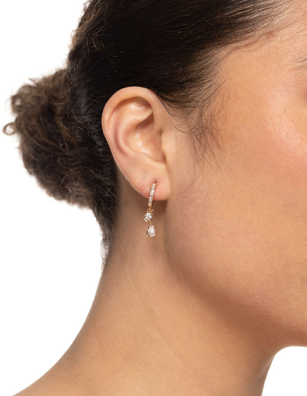 Gold Diamante Two Drop Mini Hoop Earrings
