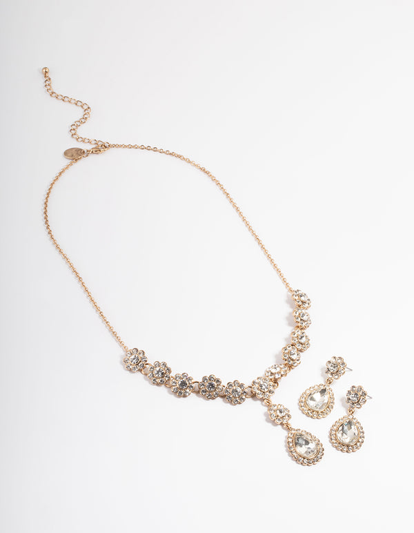 Antique Gold Diamante Flower Earring & Necklace Set