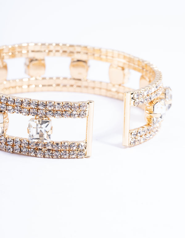 Gold Square Diamante Middle Cuff Bangle