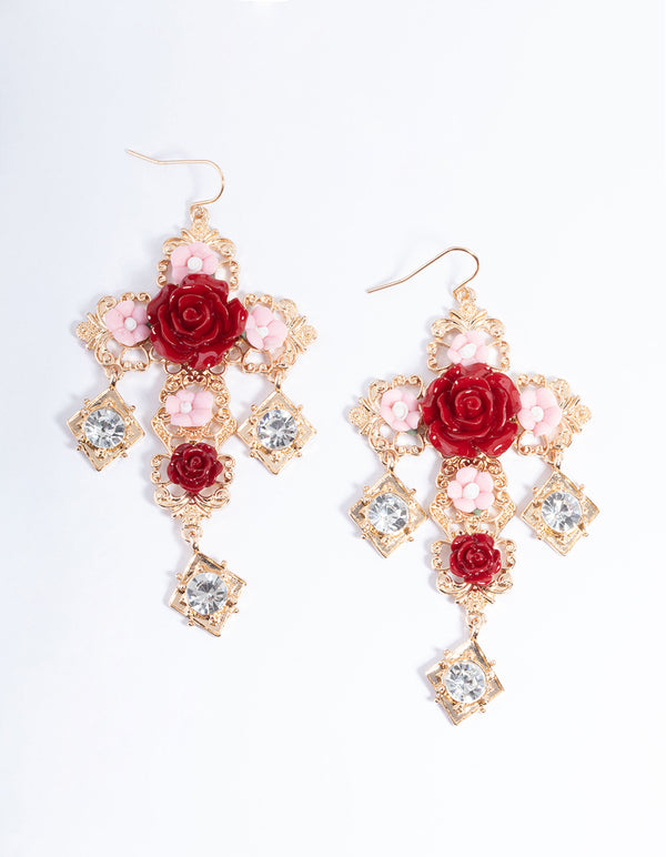 Gold Rose Statement Cross Earrings