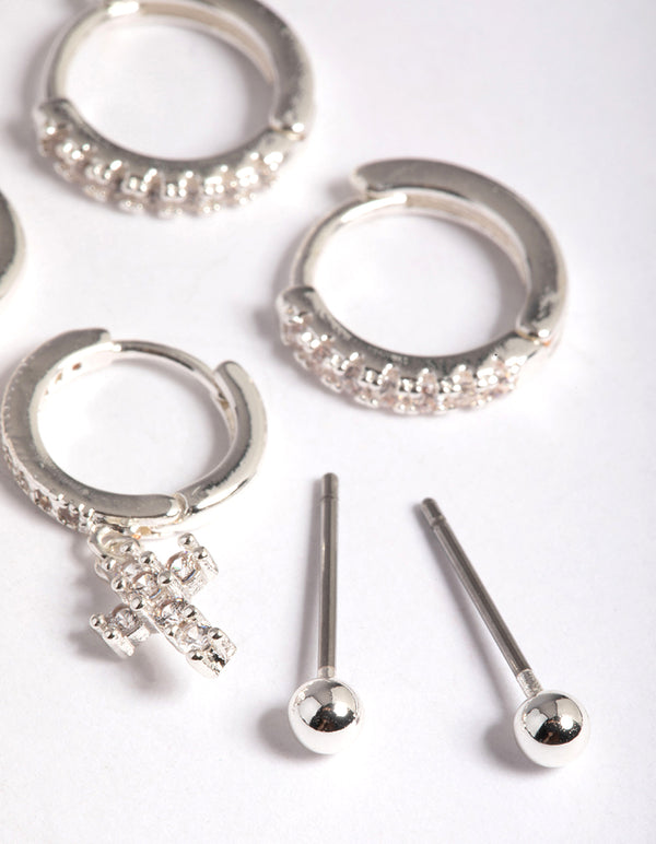 Silver Plated Brass  Cubic Zirconia Pave Cross Earrings 6-Pack