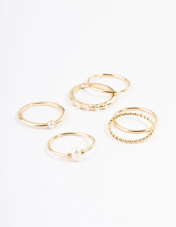 Gold Plated Freshwater Pearl Mixed Band Rings 6-Pack