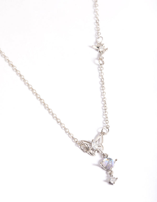 Rhodium Dainty Butterfly & Diamante Necklace