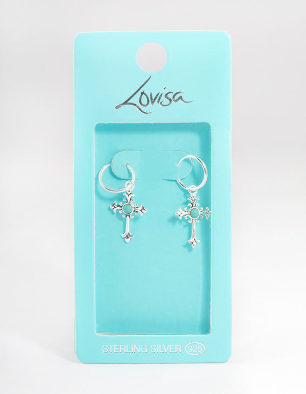 Sterling Silver Antique Cross Hoop Earrings