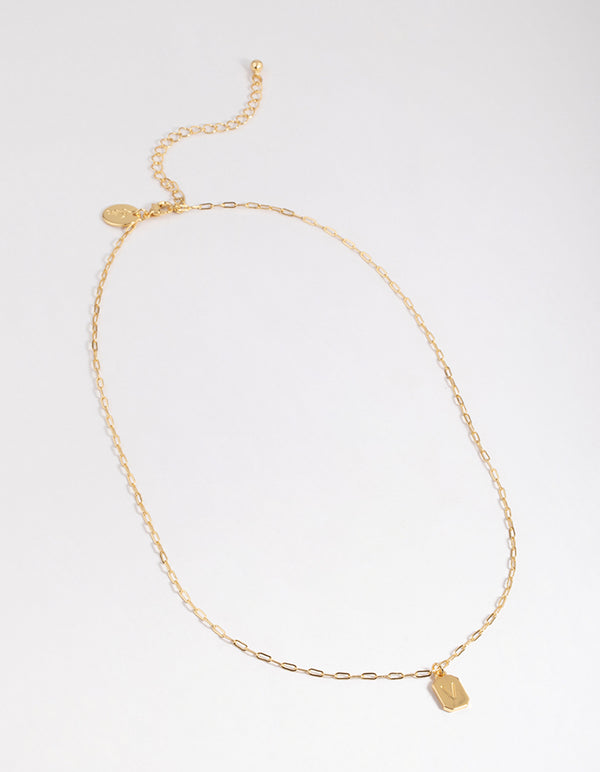 Letter V Gold Plated Rectangle Pendant Initial Necklace