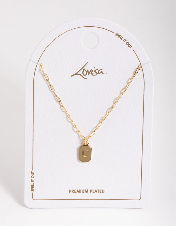 Letter U Gold Plated Rectangle Pendant Initial Necklace