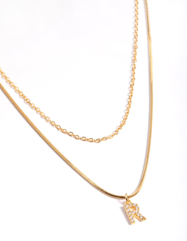 Letter R Gold Plated Layered Diamante Initial Necklace