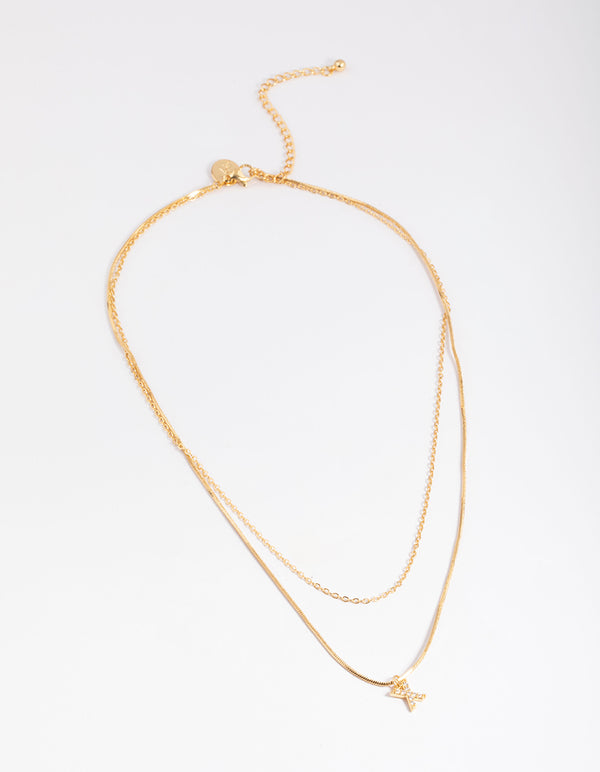 Letter X Gold Plated Layered Diamante Initial Necklace