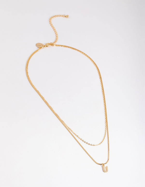 Letter U Gold Plated Layered Diamante Initial Necklace