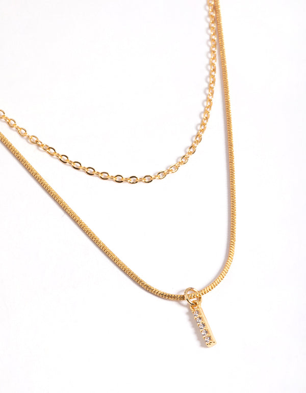 Letter I Gold Plated Layered Diamante Initial Necklace