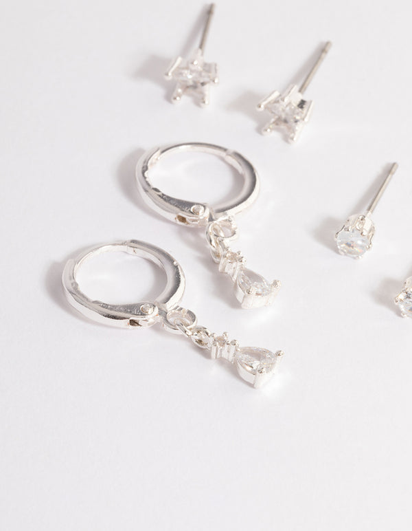 Silver Cubic Zirconia Star & Drop Earrings Pack