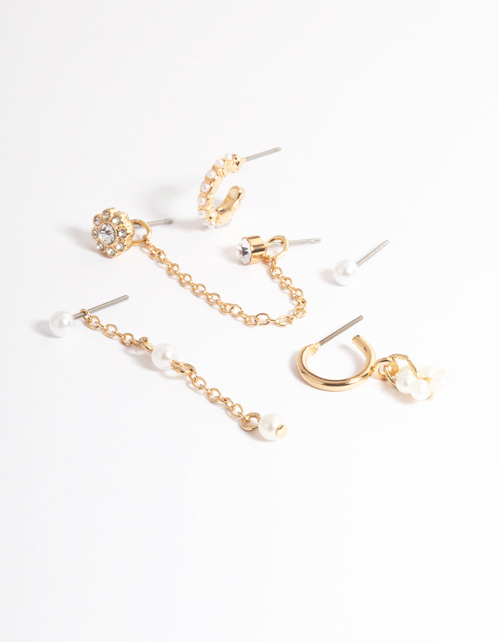 Gold Flower Diamante Pearl Earrings 6-Pack