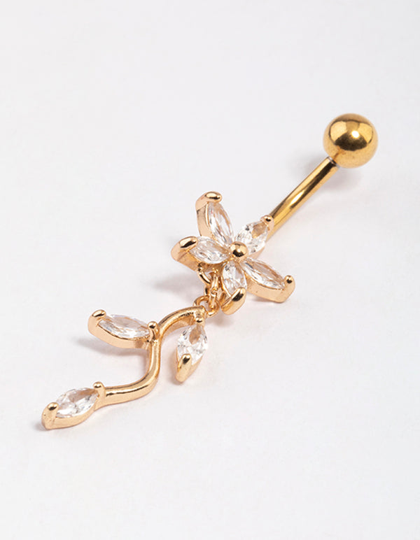 Gold Plated Surgical Steel Cubic Zirconia Flower Drop Belly Ring