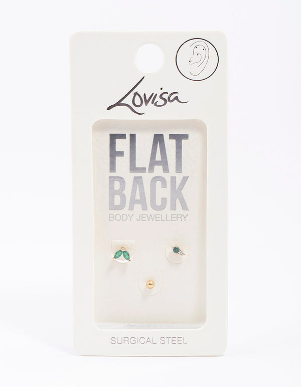 Gold Plated Surgical Steel Cubic Zirconia Double Marquise Flat Back Pack