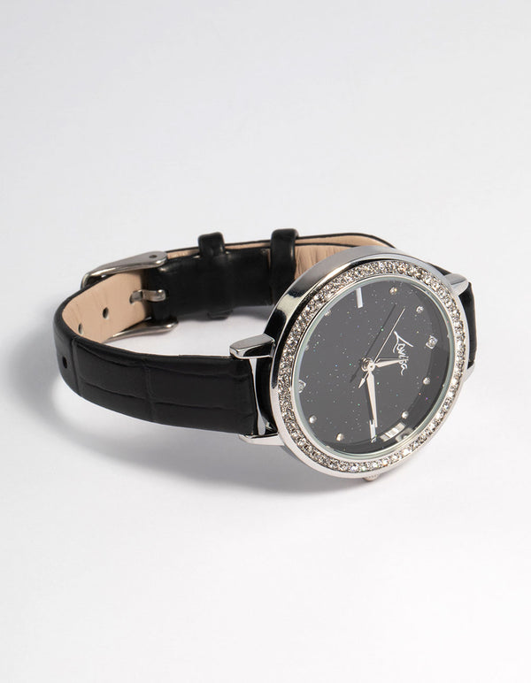 Silver Astrology Diamante Faux Leather Watch