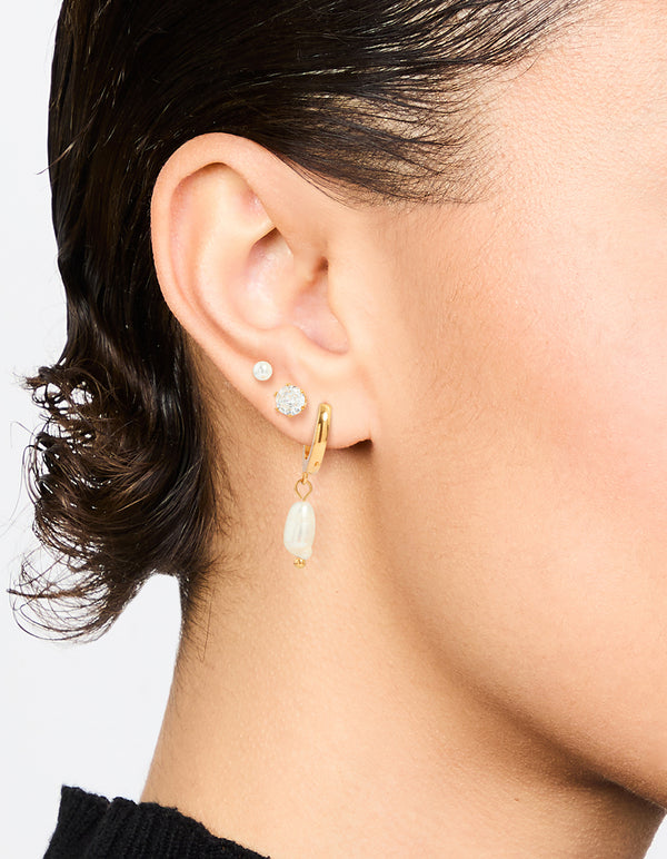 Waterproof Gold Plated Stainless Steel Cubic Zirconia Pearl Drop Huggie Earrings Pack