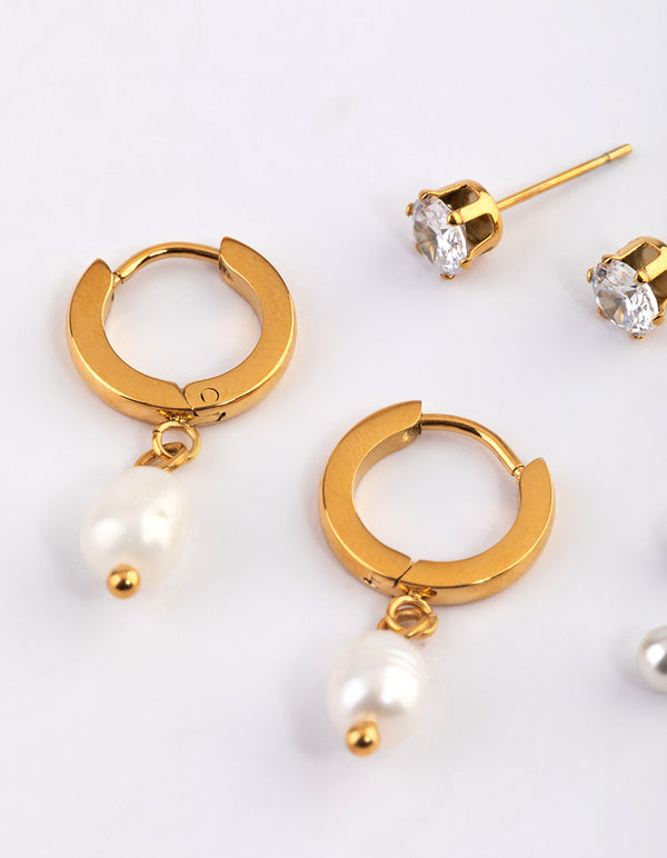 Waterproof Gold Plated Stainless Steel Cubic Zirconia Pearl Drop Huggie Earrings Pack