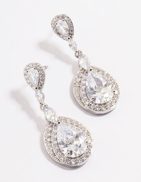 Diamond Simulant Rhodium Detail Pear Drop Earrings