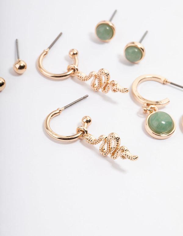 Gold Green Aventurine Snake Stack Earring Pack