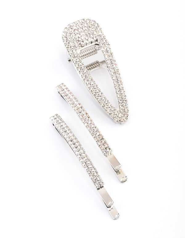 Silver Diamante Mixed Slide Claw Clip Pack