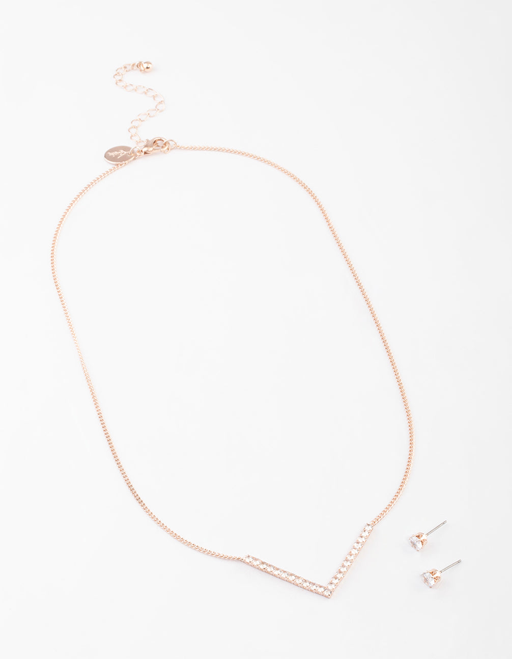 Rose Gold Cubic Zirconia V Necklace & Stud Earrings Set