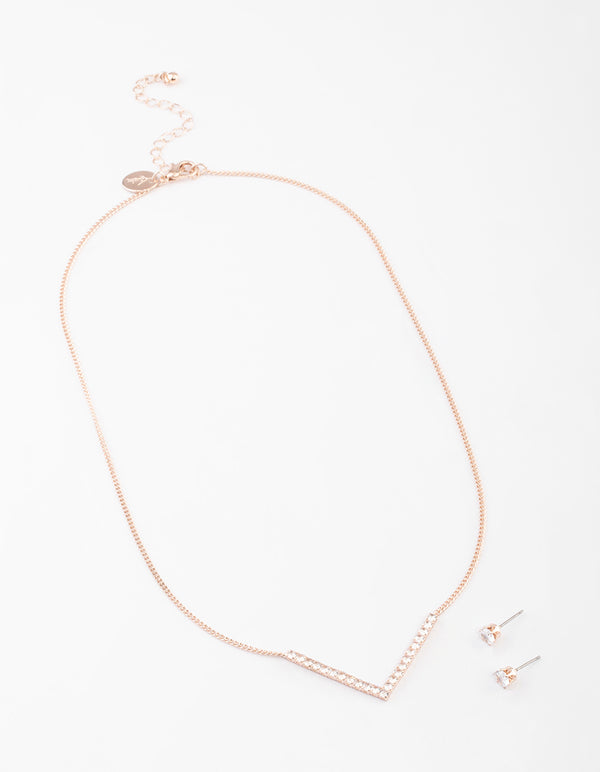 Rose Gold Cubic Zirconia V Necklace & Stud Earrings Set