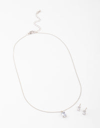 Silver Cubic Zirconia Emerald Cut Necklace & Stud Earrings Set - link has visual effect only