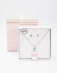 Silver Cubic Zirconia Emerald Cut Necklace & Stud Earrings Set - link has visual effect only