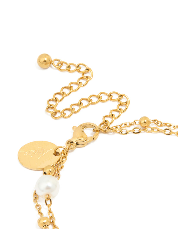 Waterproof Gold Plated Stainless Steel Double Layer Pearl Ball Bracelet