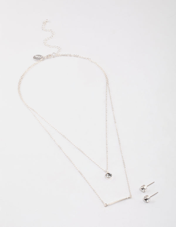 Silver Layered Stone Bar Necklace & Earrings Set