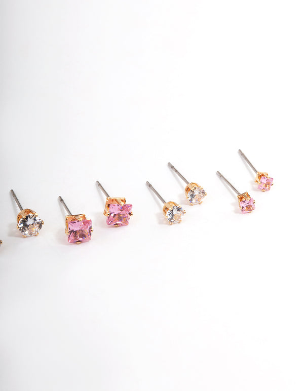 Gold Circle Square Stud Earrings 6-Pack