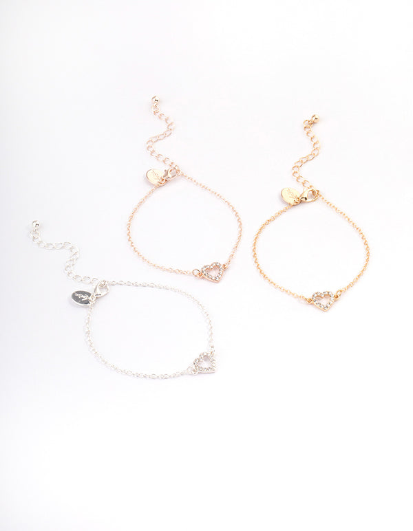 Mixed Metal Diamante Open Heart Bracelet Pack