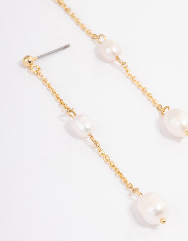 Gold Plated Long Chain Freshwater Pearl Stud Earrings