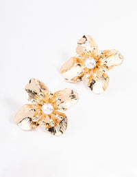 Gold Large Flower Pearl Stud Earrings - link has visual effect only