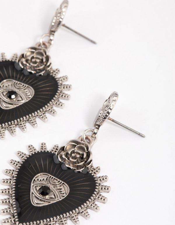 Silver Enamel Heart Rose Drop Earrings