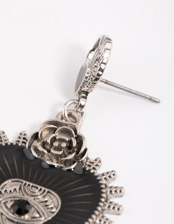 Silver Enamel Heart Rose Drop Earrings